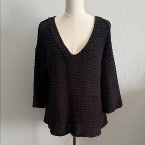 Free People Black Open Knit Oversized Sweater Boho V-Neck M